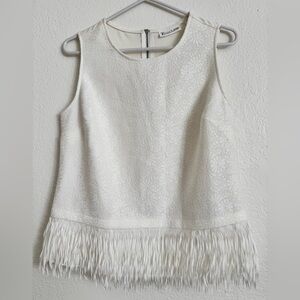 Zara White Sleeveless Fringe-Trim Tank